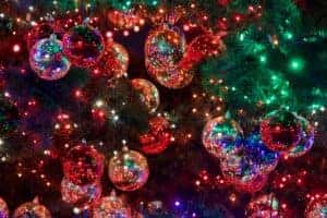 Christmas lights on a tree with ornaments
