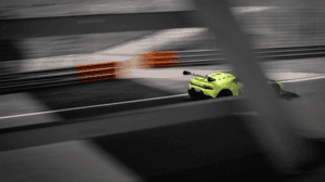 Racecar speeding down an Atlanta, Georgia racing track.