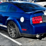 Fastest blue vintage mustang parked in parking lot near Macon, Georgia.