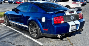 Fastest blue vintage mustang parked in parking lot near Macon, Georgia.