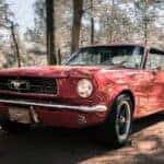 Vintage Ford Mustang parked in the woods.