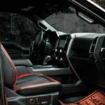 Close up ona Ford vehicle interior leather features.