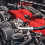 Close up on a Ford engine exposed parts.