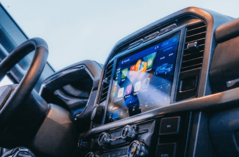 Close up on Ford truck touchscreen technology.