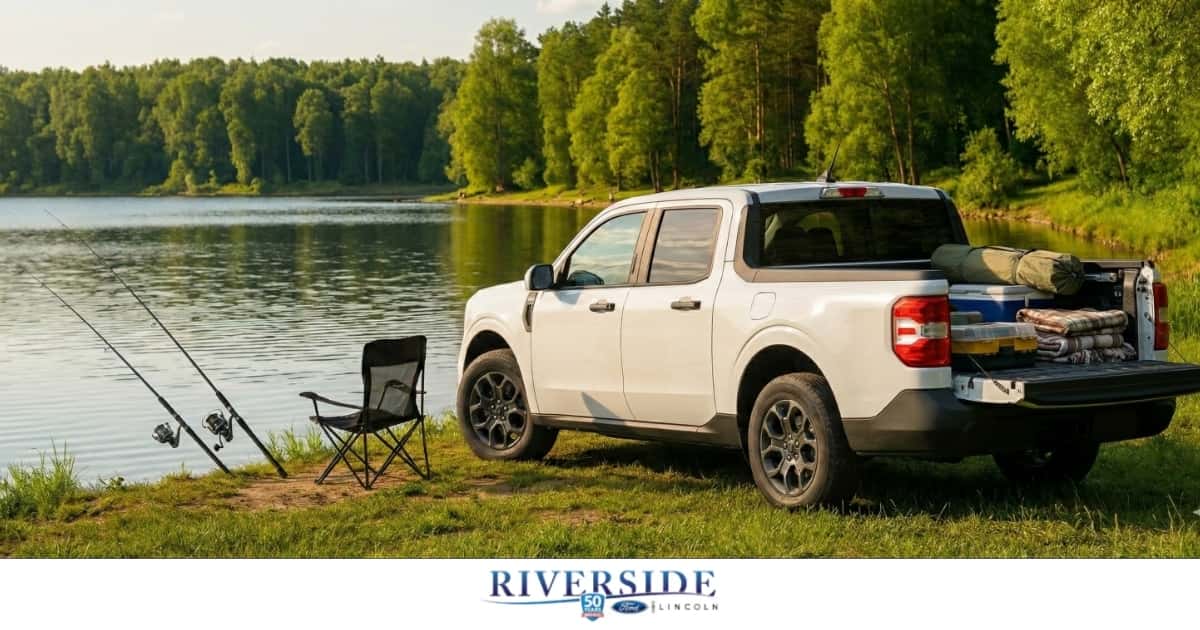 Family casting lines at a calm lakeshore near Macon, GA, with a Ford SUV parked nearby
