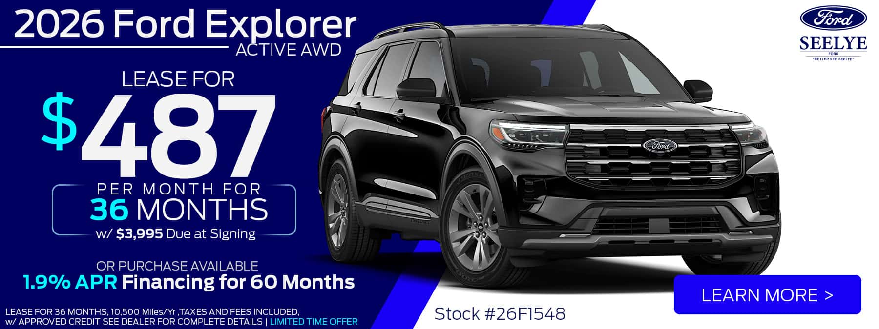 2026 Ford Explorer Active AWD - Lease $487 per month Or 1.9% APR Finance Offer October 2026