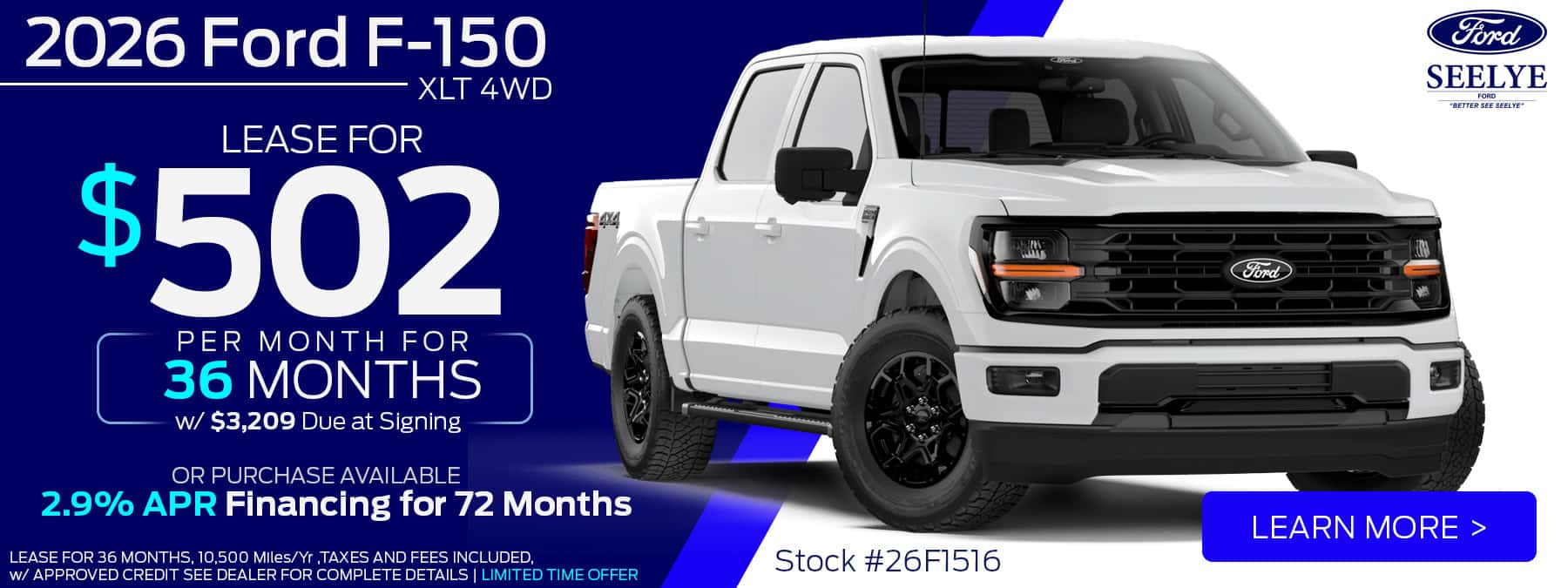 2026 Ford F-150 XLT - Lease $502 per month or 2.9% APR Finance Offer October 2026