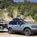 A blue 2023 Ford Bronco Sport is shown from the front at an angle.
