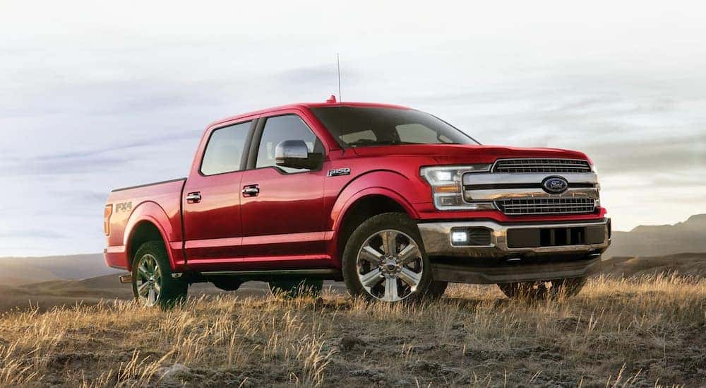 A red 2020 Ford F-150 is parked in a grassy field.