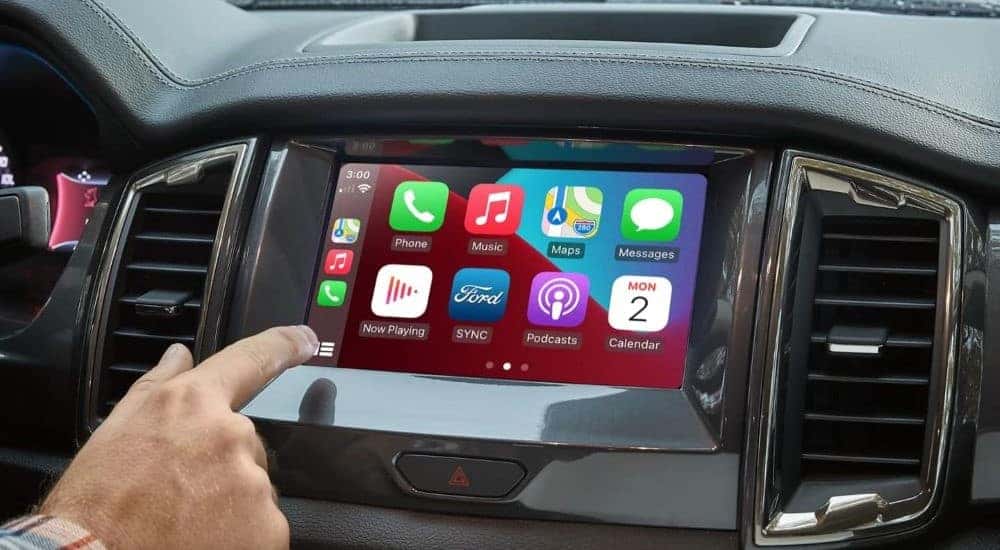 A close-up of the infotainment screen in a 2023 Ford Ranger, a used truck for sale.