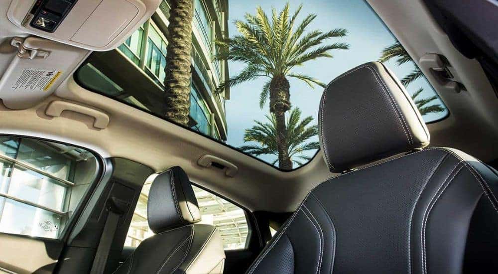 The open moonroof of a 2024 Ford Mustang Mach-E is shown.