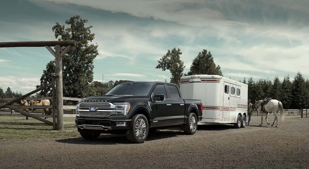 A black 2025 Ford F-150 Platinum towing a trailer.