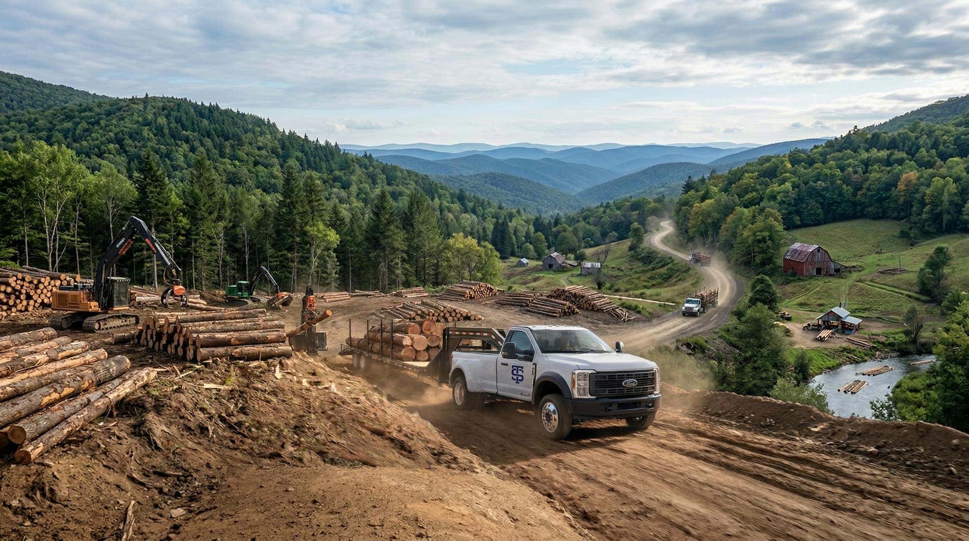 Ford Super Duty hauling a trailer of logs through the West Virginia hills