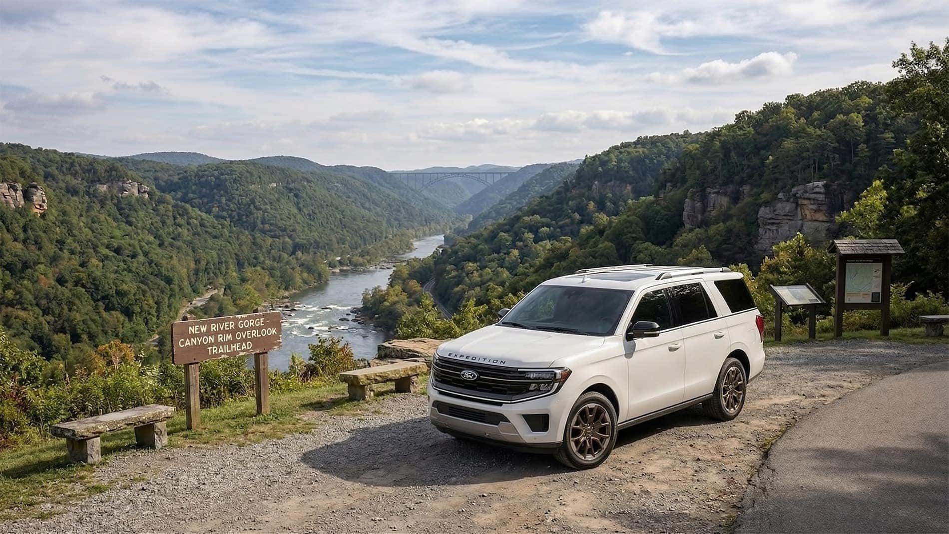2026 Ford Expedition at New River Gorge Canyon Rim Overlook with bridge and river valley in West Virginia