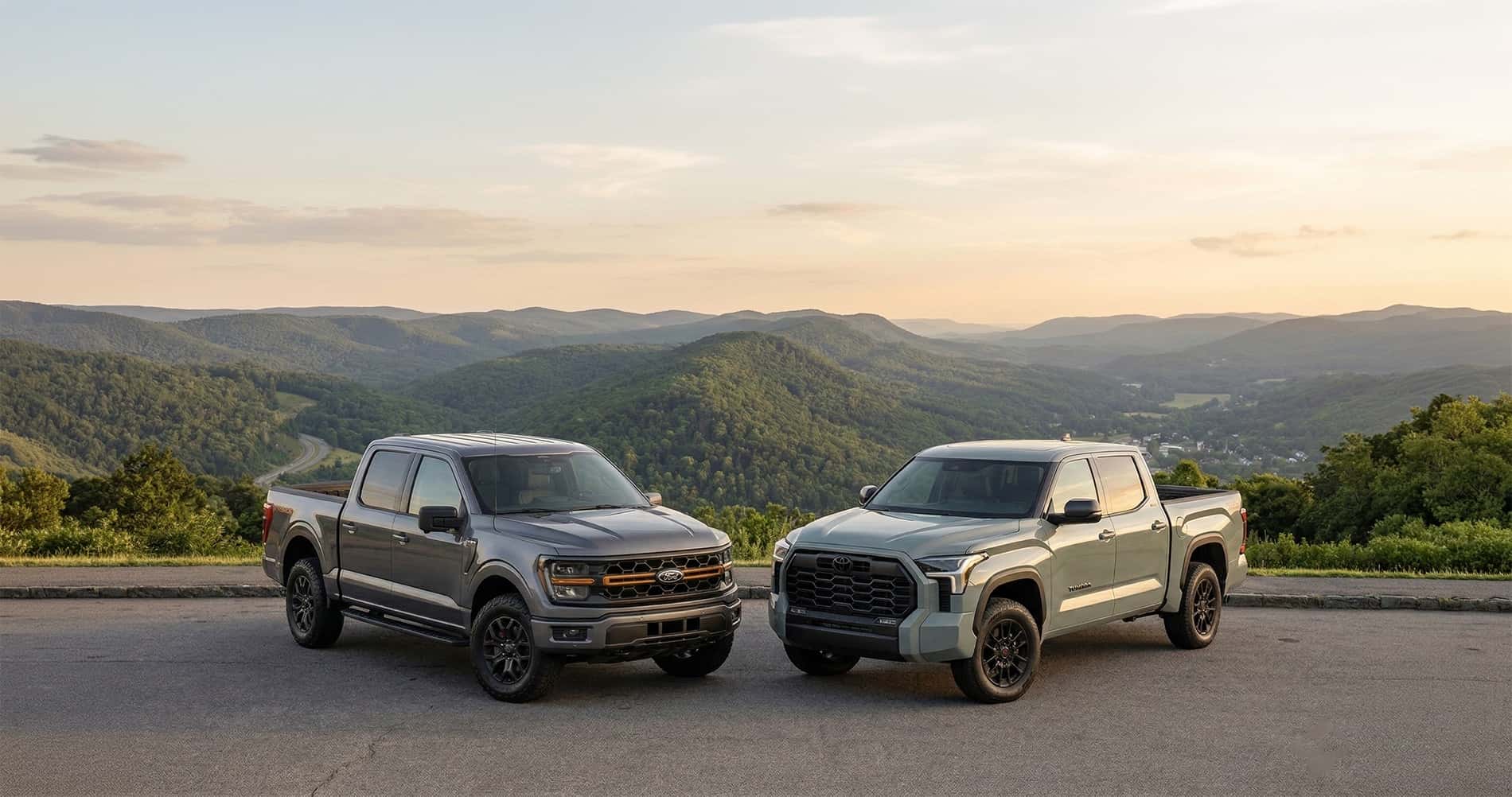Ford F-150 and Toyota Tundra full-size trucks parked at mountain overlook in West Virginia