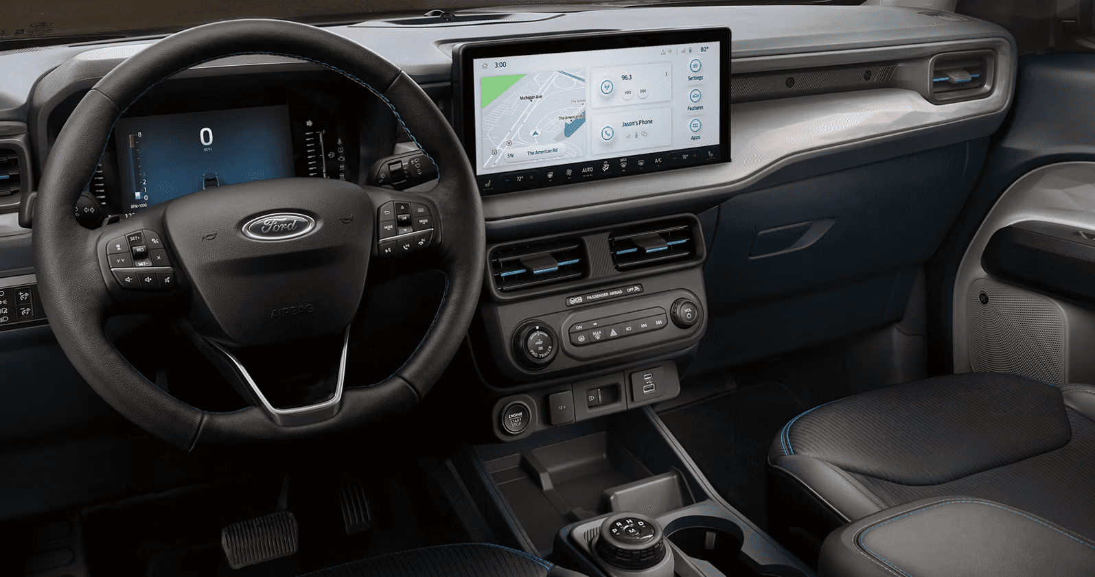 Ford Maverick interior featuring 13.2-inch center touchscreen with SYNC® 4, digital instrument cluster, and modern dashboard layout.