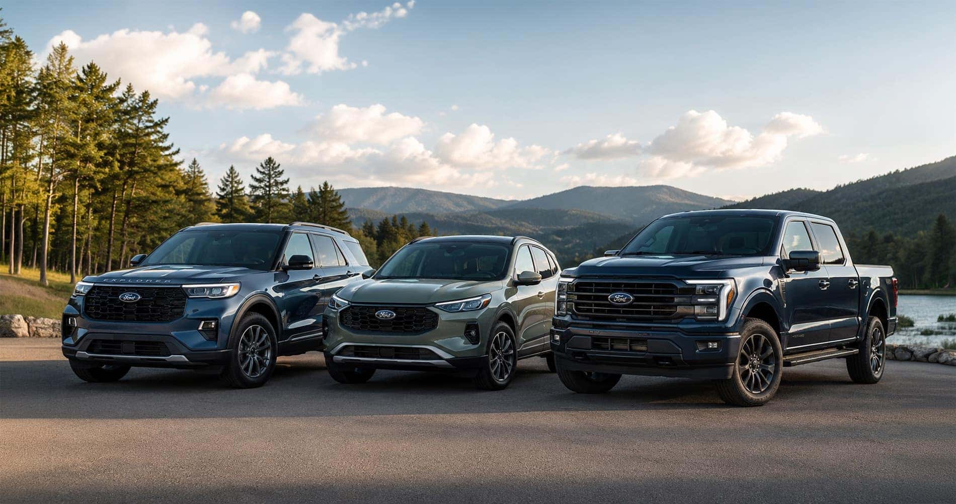 2026 Ford Explorer, Ford Escape, and Ford F-150 parked outdoors near Morgantown, West Virginia, representing Ford Blue Advantage certified pre-owned SUVs and trucks available at Toothman & Sowers Ford.