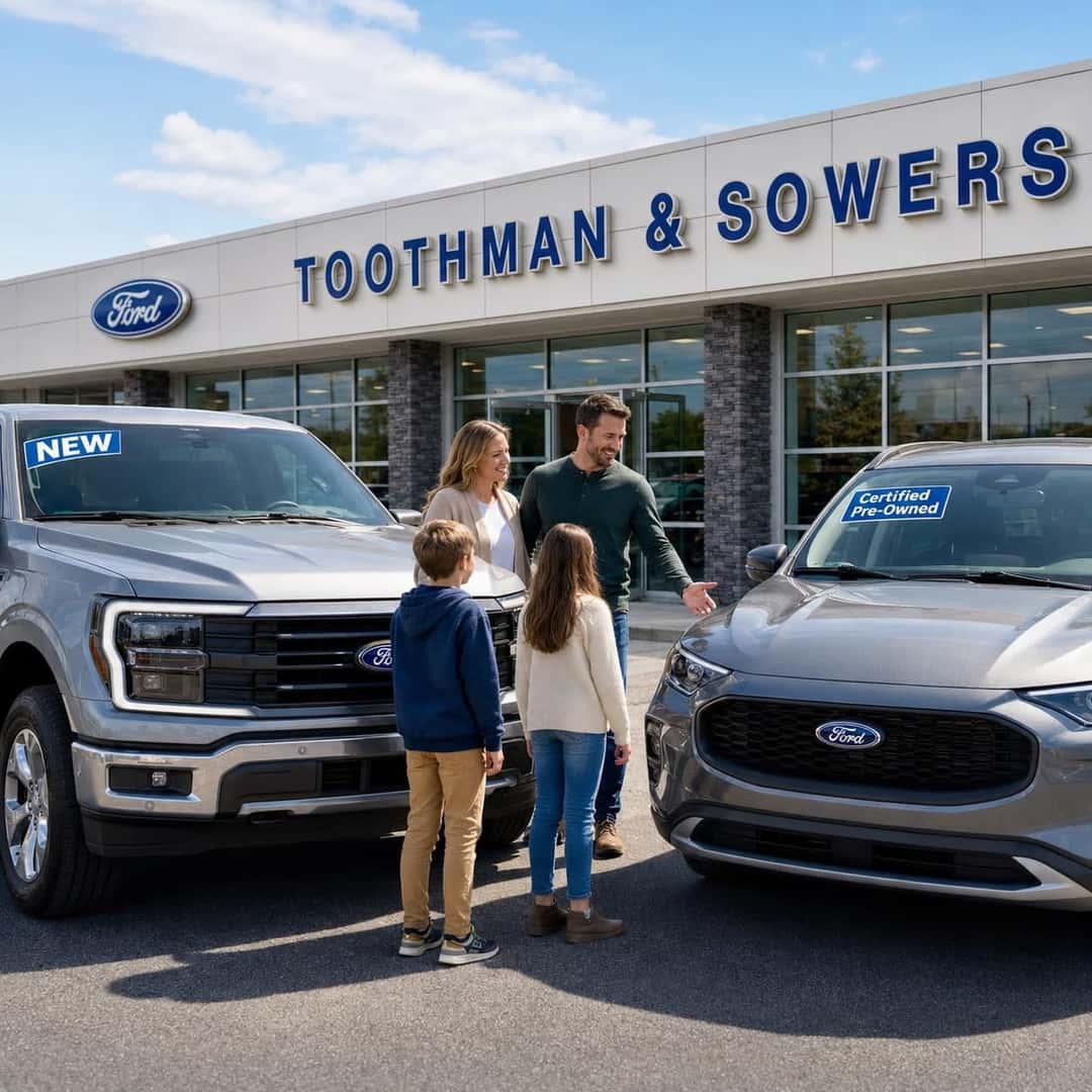 Family comparing a new 2026 Ford F-150 and a certified pre-owned 2024 Ford Escape outside Toothman & Sowers Ford