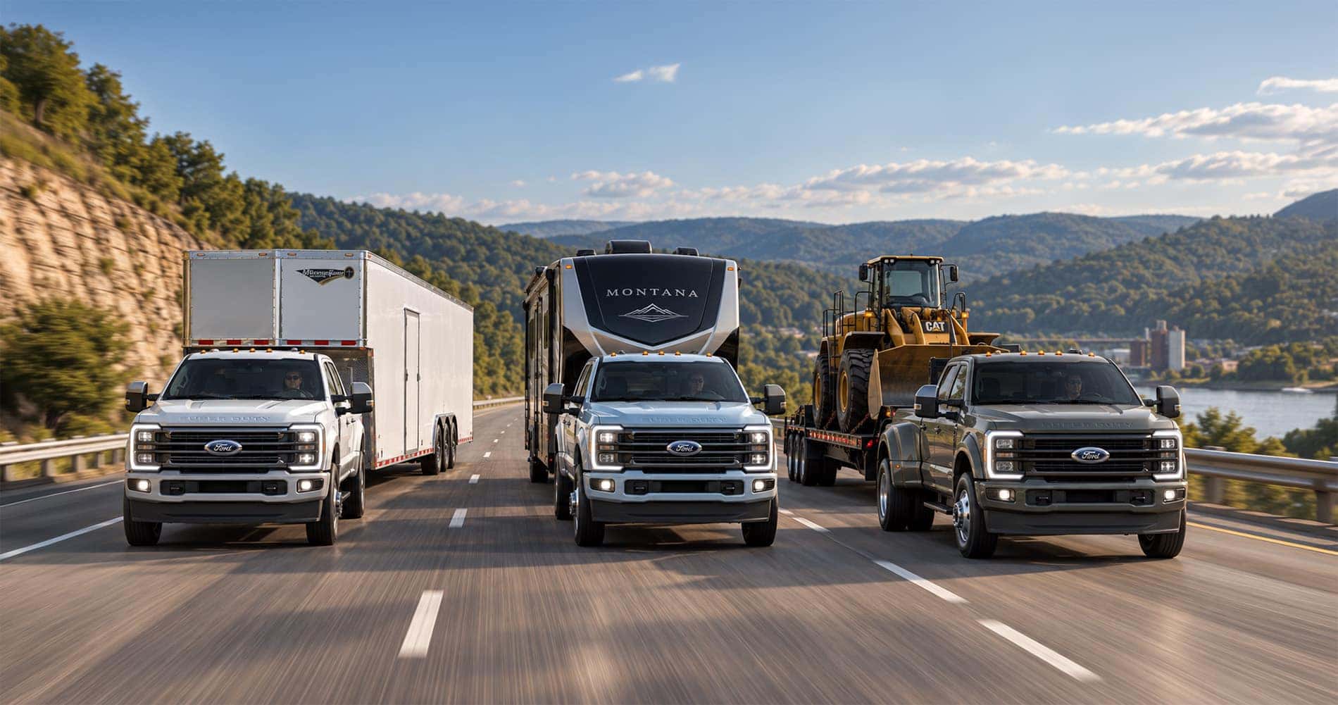 2027 Ford Super Duty trucks towing cargo, RV, and equipment trailers through White Hall, WV