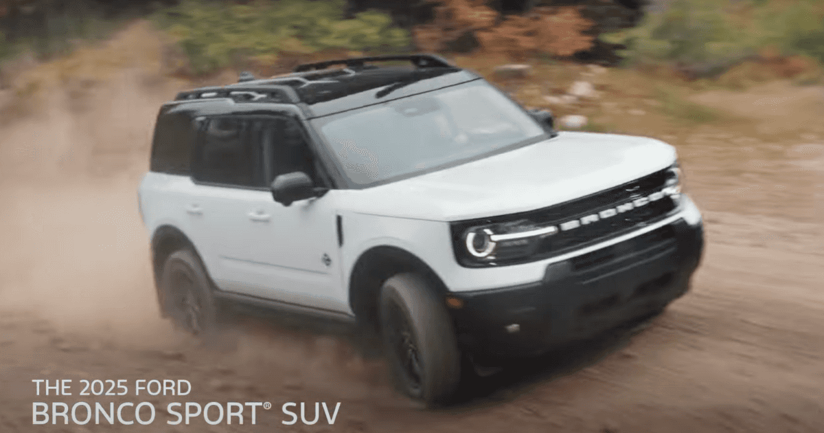 An image of a white 2025 Ford Bronco Sport driving through a dirt road