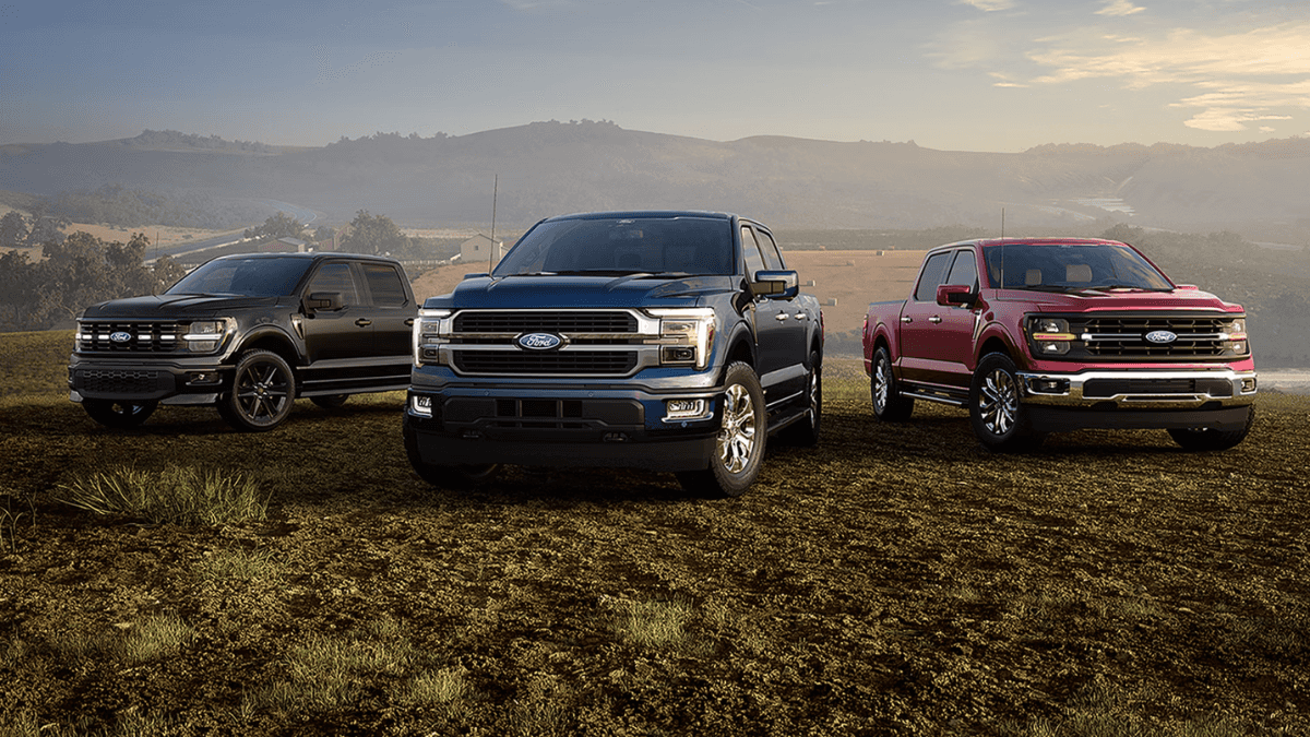 Three 2026 Ford F-150 trucks lined up on a grass field