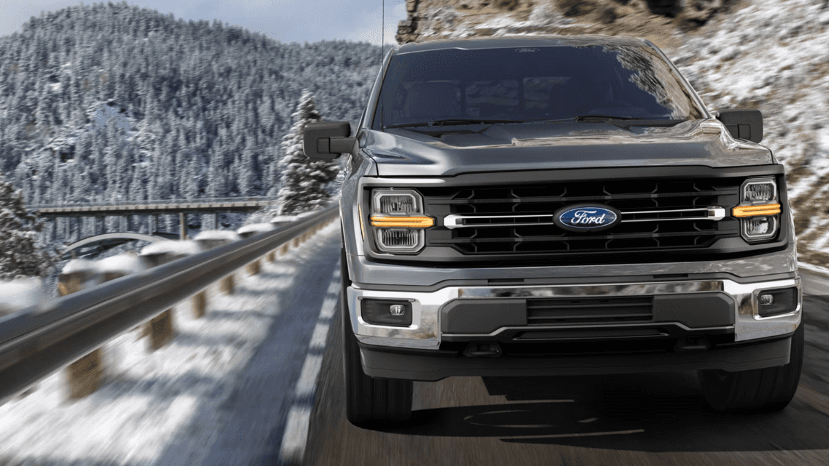 Front view of a Ford F-1500 on a snow-covered mountain