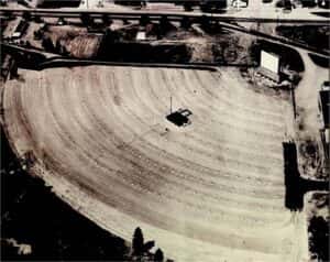 An aerial view of a movie theater