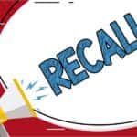 A megaphone announcing a recall in blue letters with a red background.
