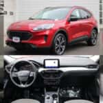 Front side back view of red Ford Escape and screen, front seats and back trunk.