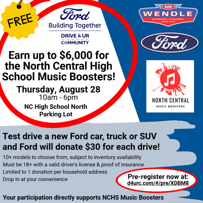 A blue and white advertisement with red circle and white text
