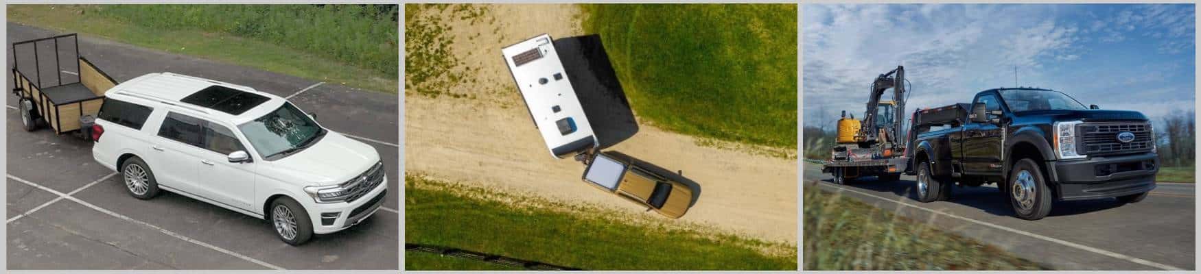 Ford Expedition, Ford Ranger, and Ford Super Duty towing different types of trailers