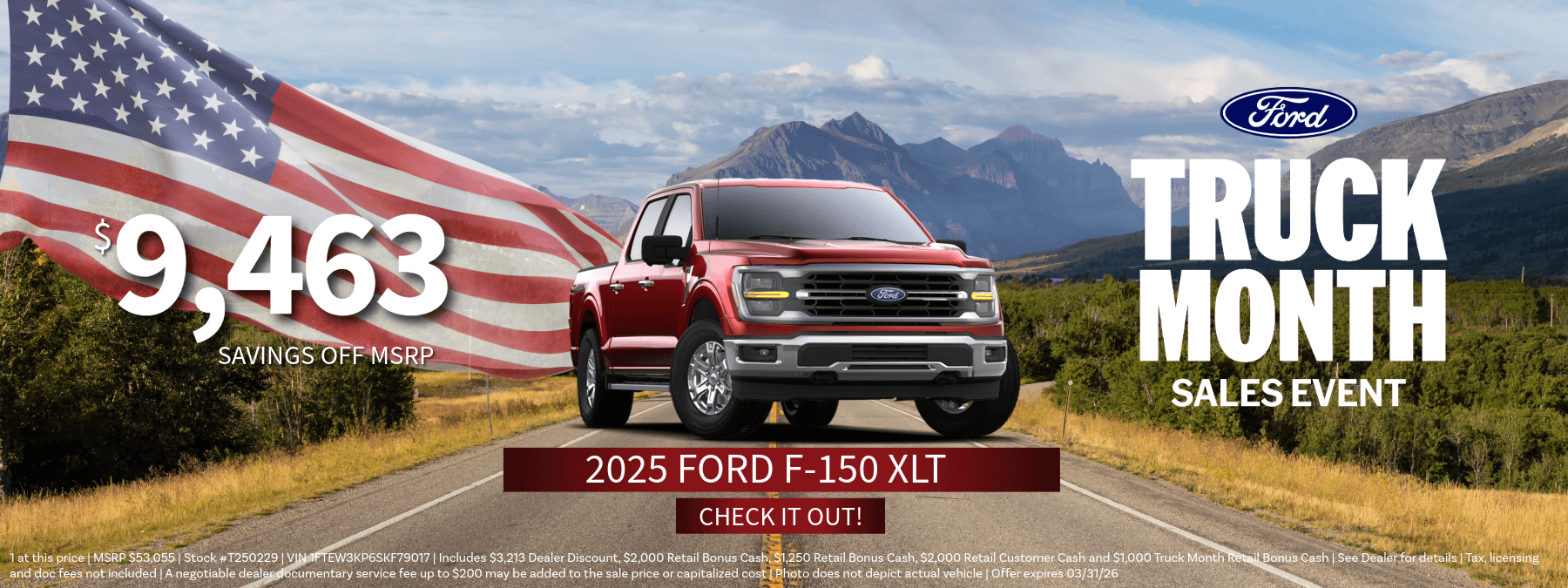 Ford Truck Month Sales Event at Wendle Ford in Spokane, WA, featuring $9,483 off MSRP on the new 2025 Ford F-150 XLT.