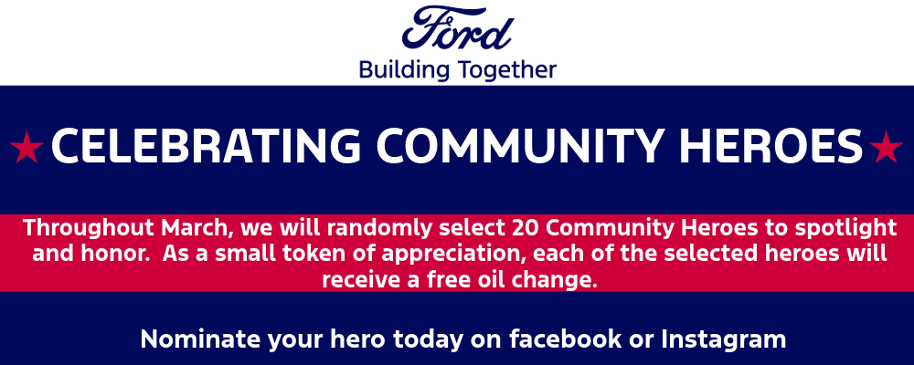Celebrating community heroes at Wendle Ford. Nominations open on Facebook and Instagram for 20 local heroes to receive a free oil change in March.