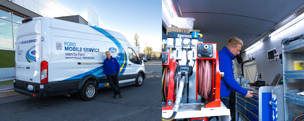 Wendle Ford technician with a Ford Mobile Service van and a view inside the van's organized tool and equipment station.