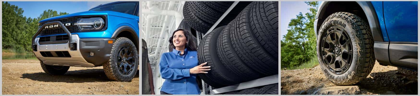 Tires on a Ford Bronco and tires for sale at a Ford service center