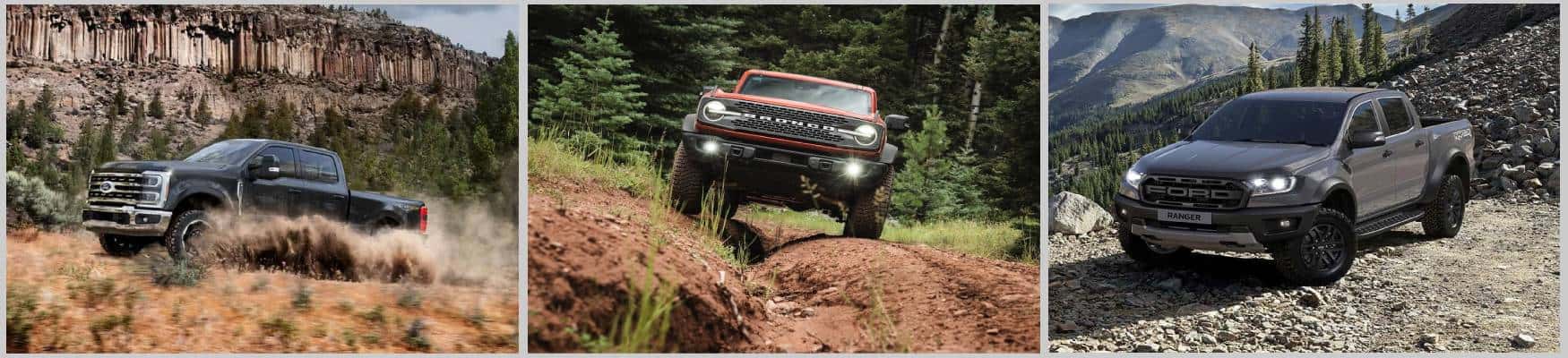 Ford Ranger, Ford Bronco, and Ford F-250 off-roading