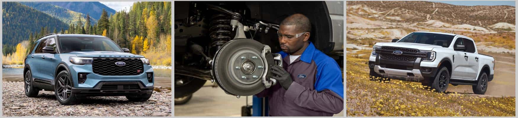 Exterior of the Ford Explorer and Ford Ranger truck, and Ford brake service