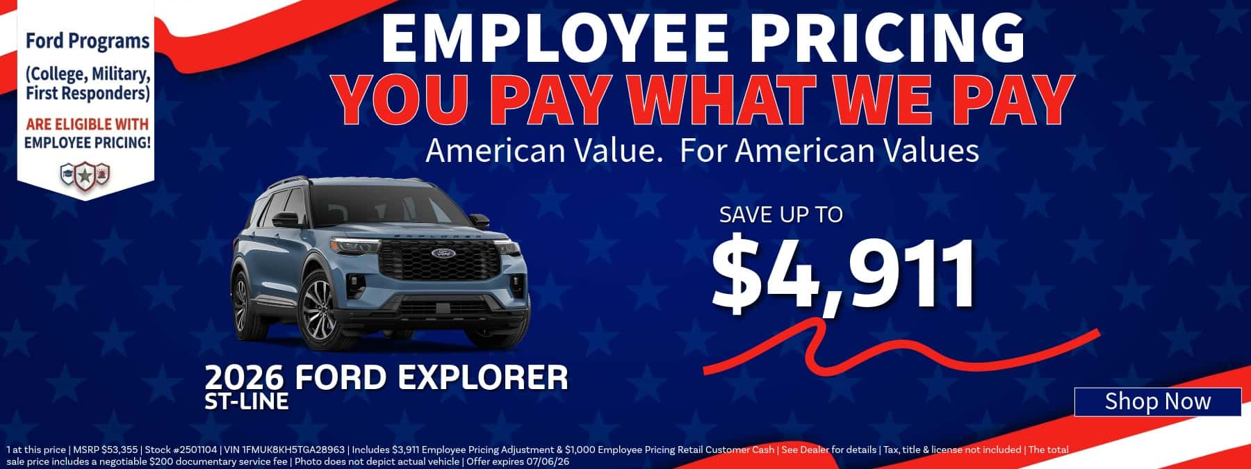 Ford Employee Pricing banner: Save up to $4,911 on a 2026 Ford Explorer. Blue background with stars.