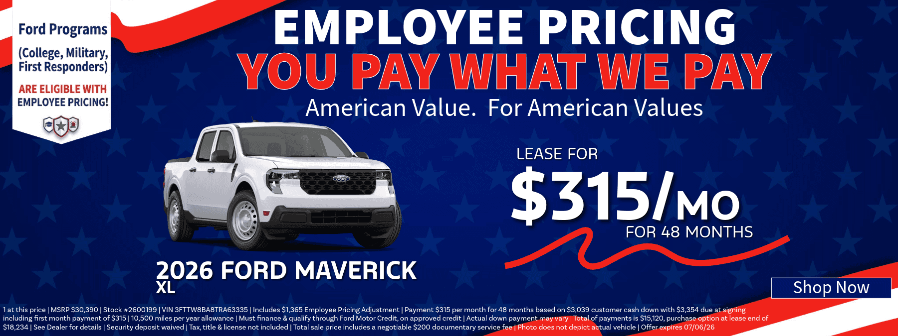 Ford Employee Pricing banner: Lease a 2026 Ford Maverick for $315/mo for 48 months. Blue background with stars.