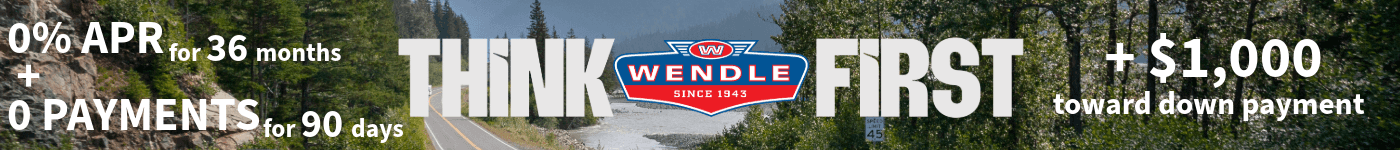 Wendle Ford banner with a mountain road; text reads 0% APR for 36 months, $0 payments for 90 days and $1,000 down payment.