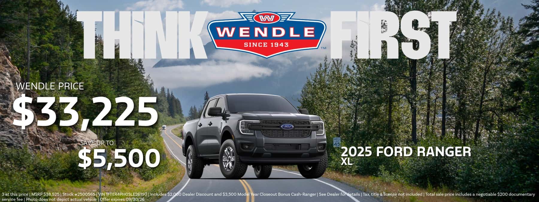 A Wendle Ford banner featuring a grey 2025 Ford Ranger XL on a mountain road; text reads Wendle Price $34,225, save $5,500.
