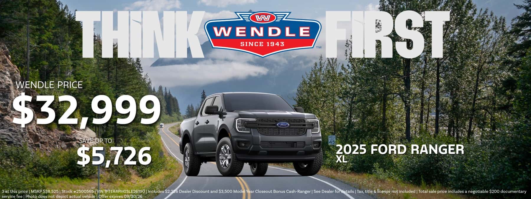 A Wendle Ford banner featuring a grey 2025 Ford Ranger XL on a mountain road; text reads Wendle Price $34,225, save $5,726.