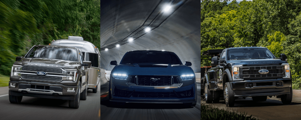 Three-panel collage of Ford vehicles: an F-150 towing a camper, a blue Mustang in a tunnel, and a Super Duty dually truck.