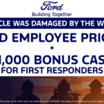 Ford wildfire relief banner offering Employee pricing on new 2025-2027 models and $1,000 bonus cash for first responders.