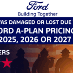 Ford wildfire relief banner offering A-Plan pricing on new 2025-2027 models and $1,000 bonus cash for first responders.