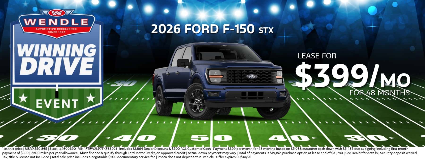 Wendle Winning Drive banner for a 2026 Ford F-150 STX truck with a lease offer of $399 per month for 48 months.