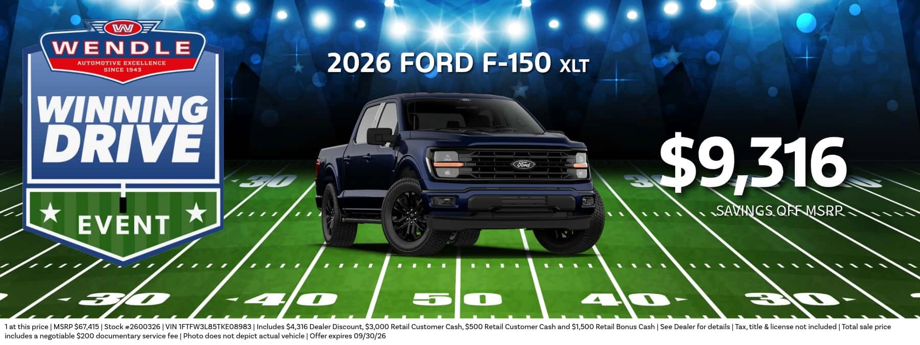 Wendle Winning Drive graphic featuring a dark blue 2026 Ford F-150 XLT with $9,316 savings off MSRP.