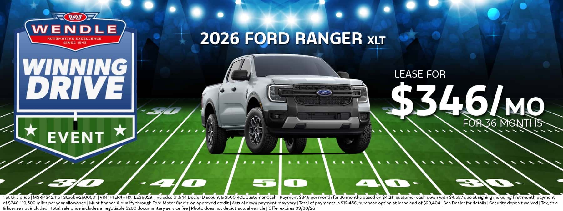 Wendle Winning Drive banner for a 2026 Ford Ranger XLT truck with a lease offer of $346 per month for 36 months.