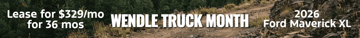 Wendle Truck Month banner featuring a 2026 Ford Maverick XL available to lease for $329/mo for 36 months.