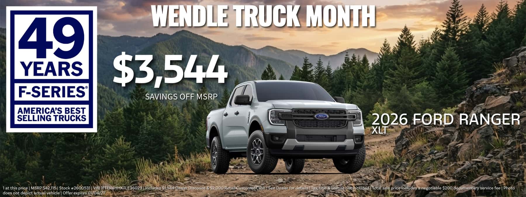 Wendle Truck Month promotional banner featuring a silver 2026 Ford Ranger XLT outdoors with $3,544 savings off MSRP.